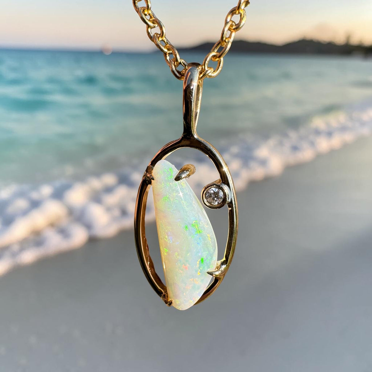 0.65ct Coober Pedy Opal & 0.01ct Diamond Pendant Necklace ~ 'Ubirr Sunset Gold' | 14ct Yellow Gold | Solid Australian Opal