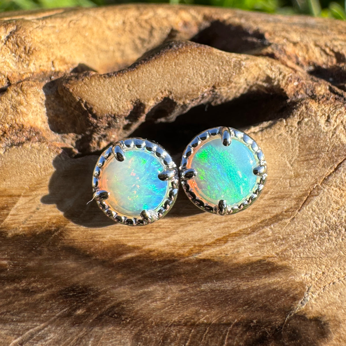 0.8ct Coober Pedy Crystal Opal Stud Earrings ~ 'Cosy Corner Blues' | 925 Sterling Silver | Solid Australian Opal