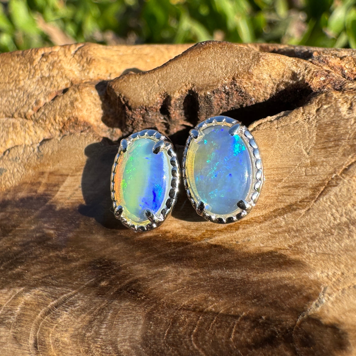 1ct Coober Pedy Crystal Opal Stud Earrings ~ 'Honeymoon Bay Blues' | 925 Sterling Silver | Solid Australian Opal
