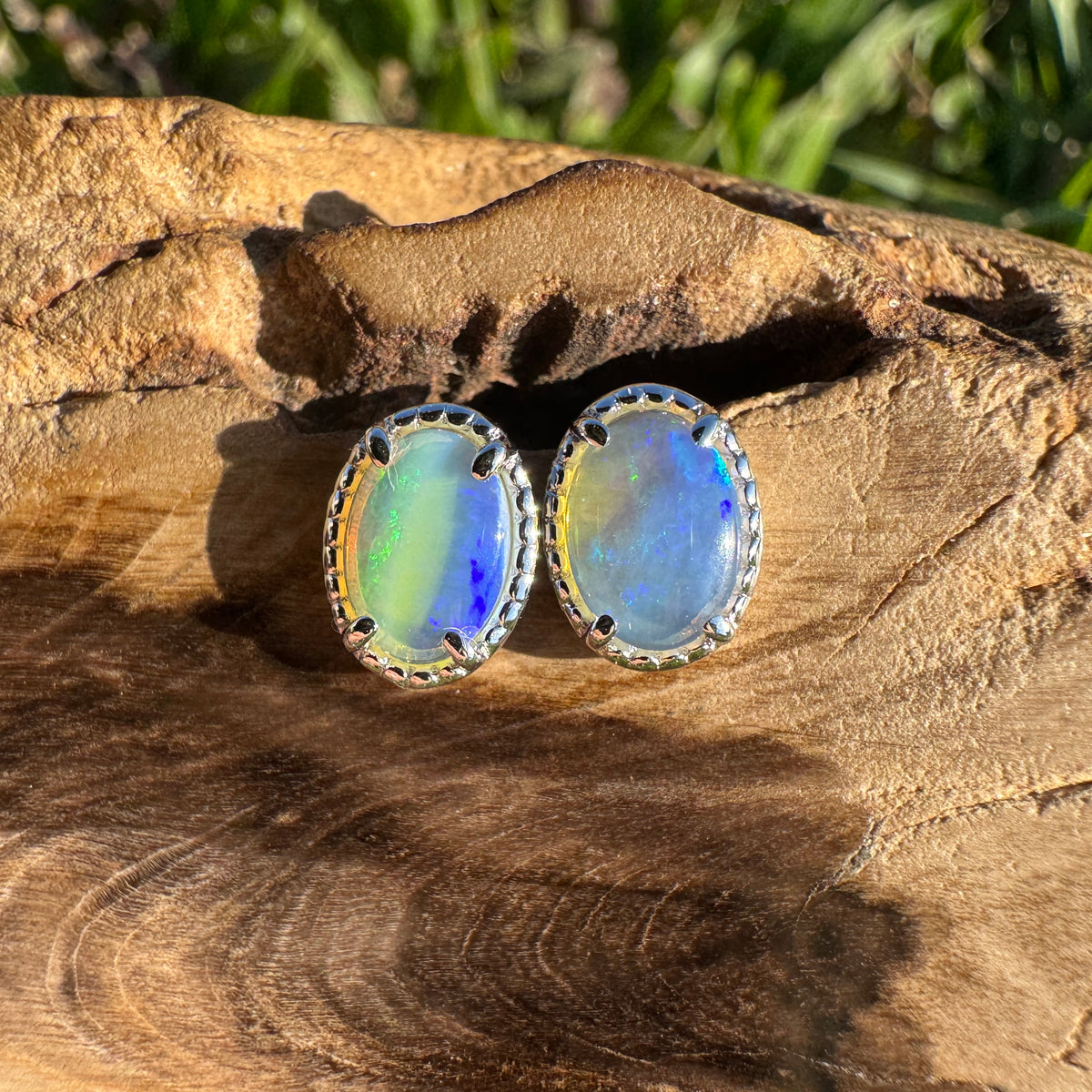 1ct Coober Pedy Crystal Opal Stud Earrings ~ 'Honeymoon Bay Blues' | 925 Sterling Silver | Solid Australian Opal
