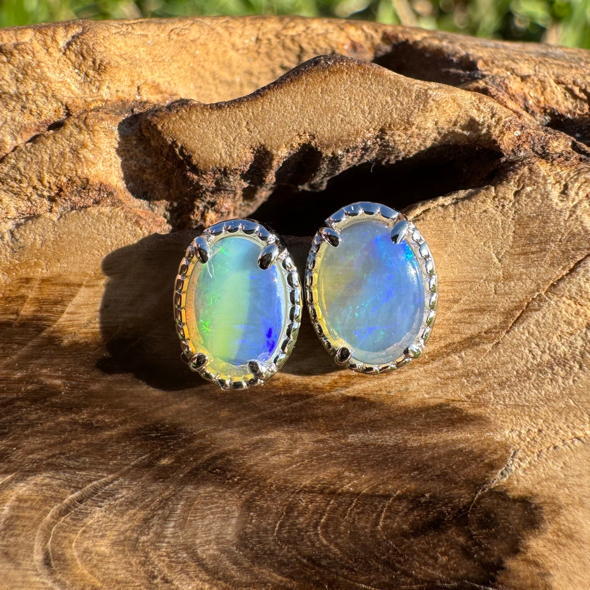 1ct Coober Pedy Crystal Opal Stud Earrings ~ 'Honeymoon Bay Blues' | 925 Sterling Silver | Solid Australian Opal