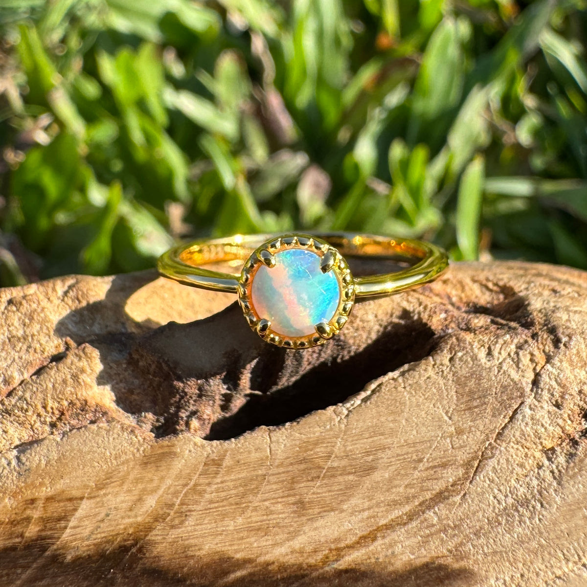 0.4ct Coober Pedy Crystal Opal Ring ~ 'Longreach Ember' | Yellow Gold Coated 925 Sterling Silver | Solid Australian Opal