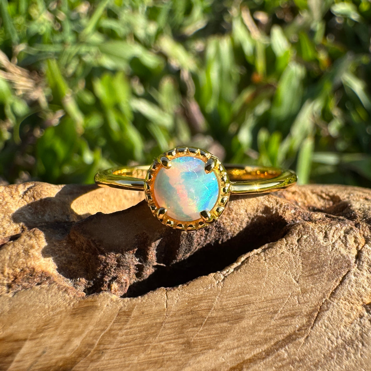 0.4ct Coober Pedy Crystal Opal Ring ~ 'Longreach Ember' | Yellow Gold Coated 925 Sterling Silver | Solid Australian Opal