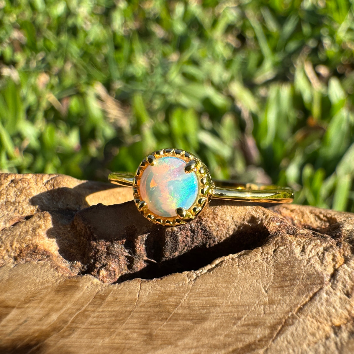 0.4ct Coober Pedy Crystal Opal Ring ~ 'Longreach Ember' | Yellow Gold Coated 925 Sterling Silver | Solid Australian Opal