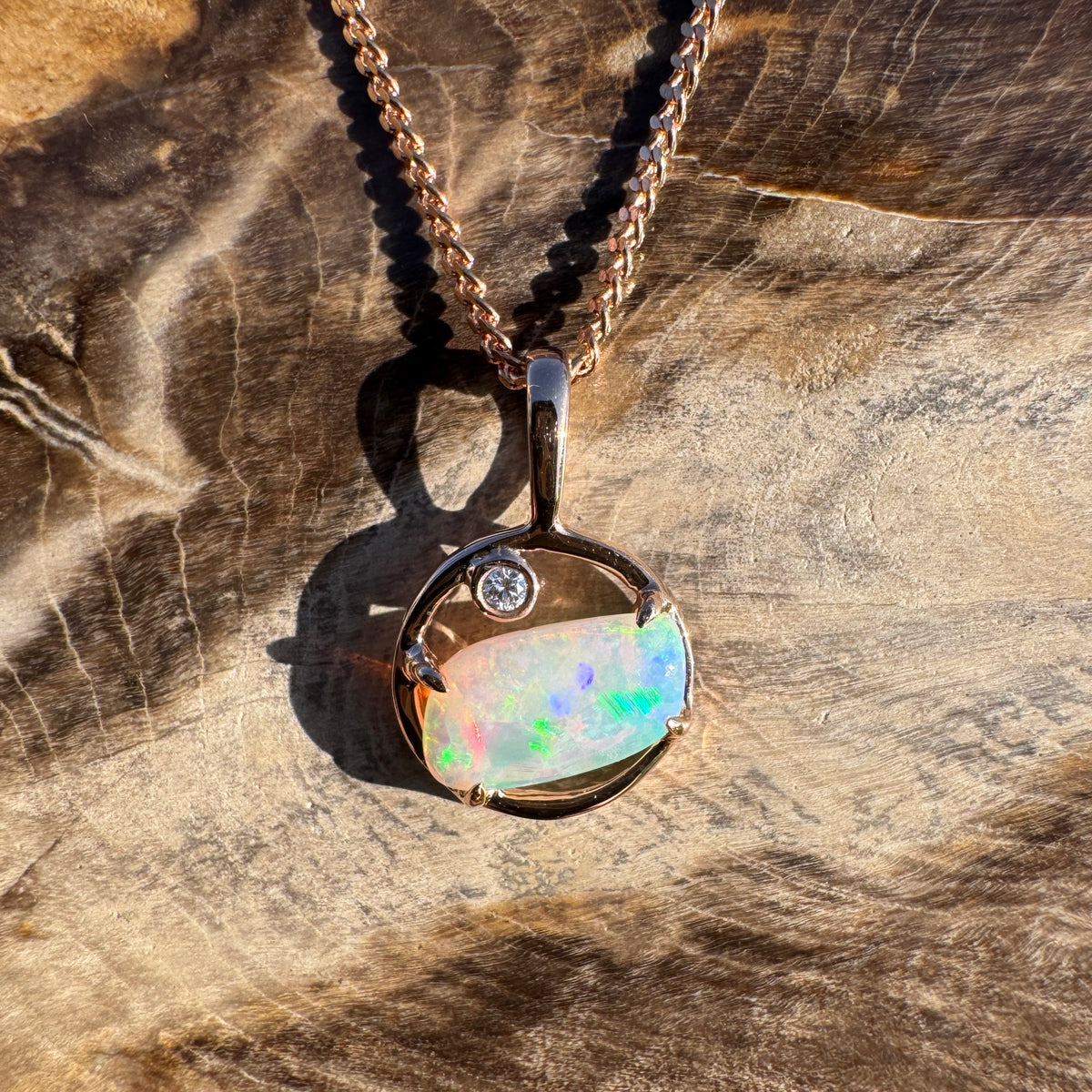 0.5ct Coober Pedy Crystal Opal & 0.01ct Diamond Pendant Necklace ~ 'Pink Lake Sunrise' | 14ct Rose Gold | Solid Australian Opal