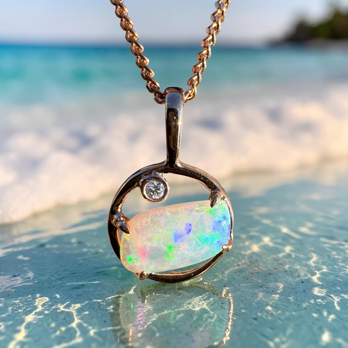 0.5ct Coober Pedy Crystal Opal & 0.01ct Diamond Pendant Necklace ~ 'Pink Lake Sunrise' | 14ct Rose Gold | Solid Australian Opal