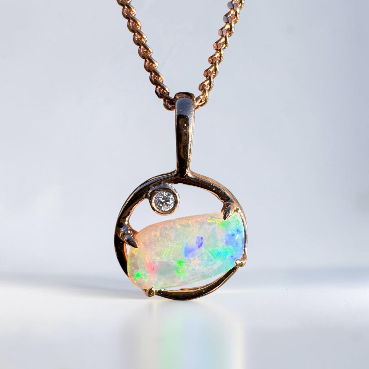 0.5ct Coober Pedy Crystal Opal & 0.01ct Diamond Pendant Necklace ~ 'Pink Lake Sunrise' | 14ct Rose Gold | Solid Australian Opal