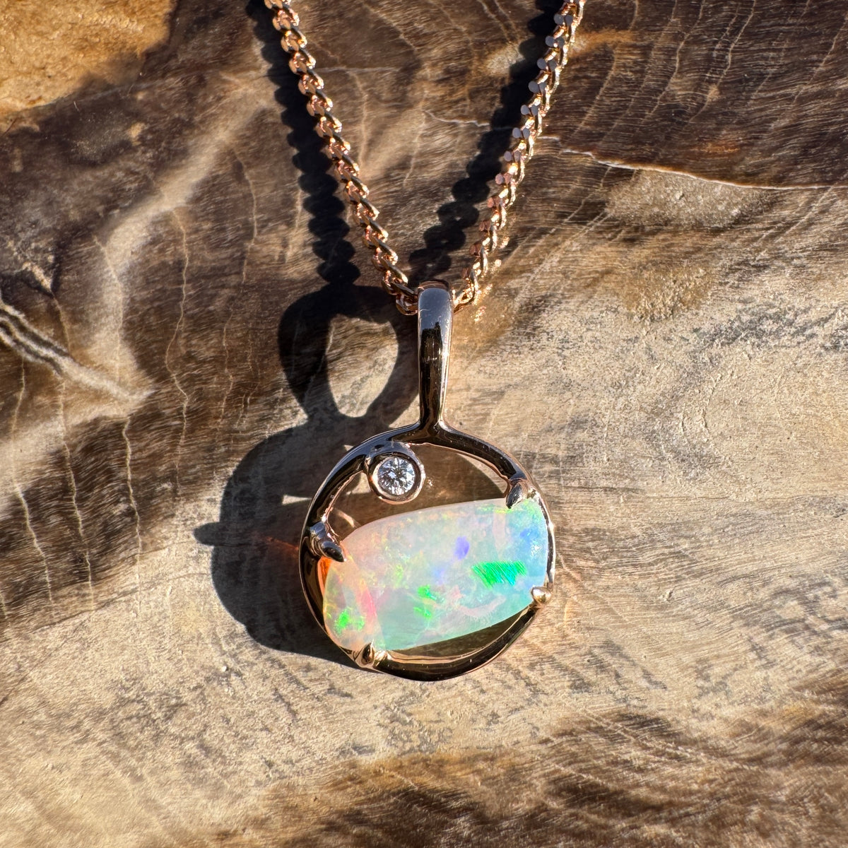 0.5ct Coober Pedy Crystal Opal & 0.01ct Diamond Pendant Necklace ~ 'Pink Lake Sunrise' | 14ct Rose Gold | Solid Australian Opal