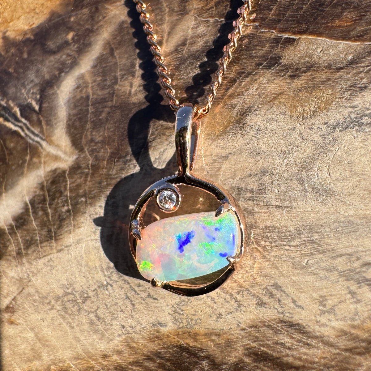 0.5ct Coober Pedy Crystal Opal & 0.01ct Diamond Pendant Necklace ~ 'Pink Lake Sunrise' | 14ct Rose Gold | Solid Australian Opal