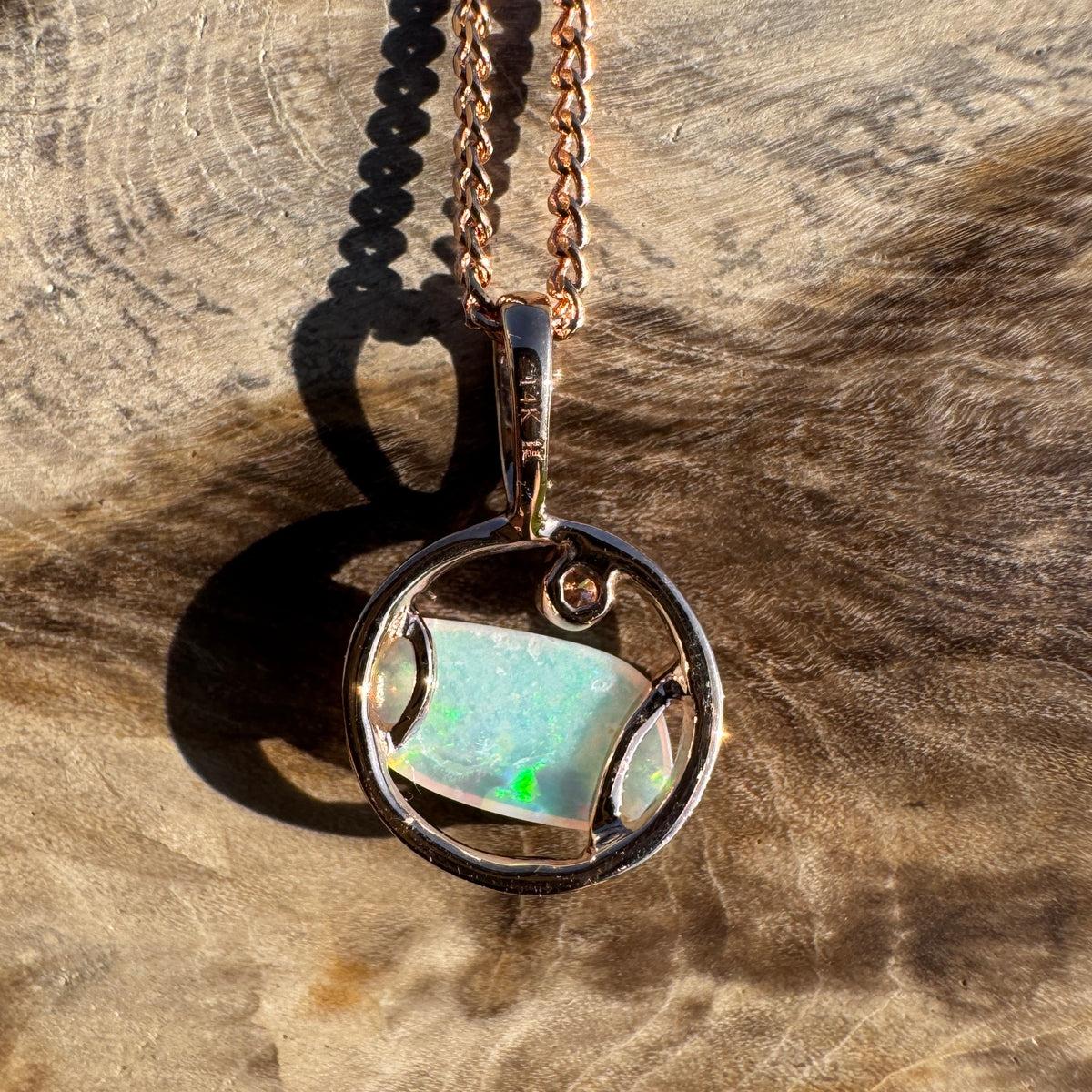 0.5ct Coober Pedy Crystal Opal & 0.01ct Diamond Pendant Necklace ~ 'Pink Lake Sunrise' | 14ct Rose Gold | Solid Australian Opal