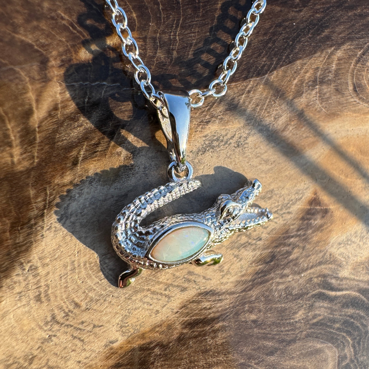 0.3ct Coober Pedy Opal Crocodile Pendant Necklace ~ 'Cahills Crossing Greens' | 925 Sterling Silver | Solid Australian Opal