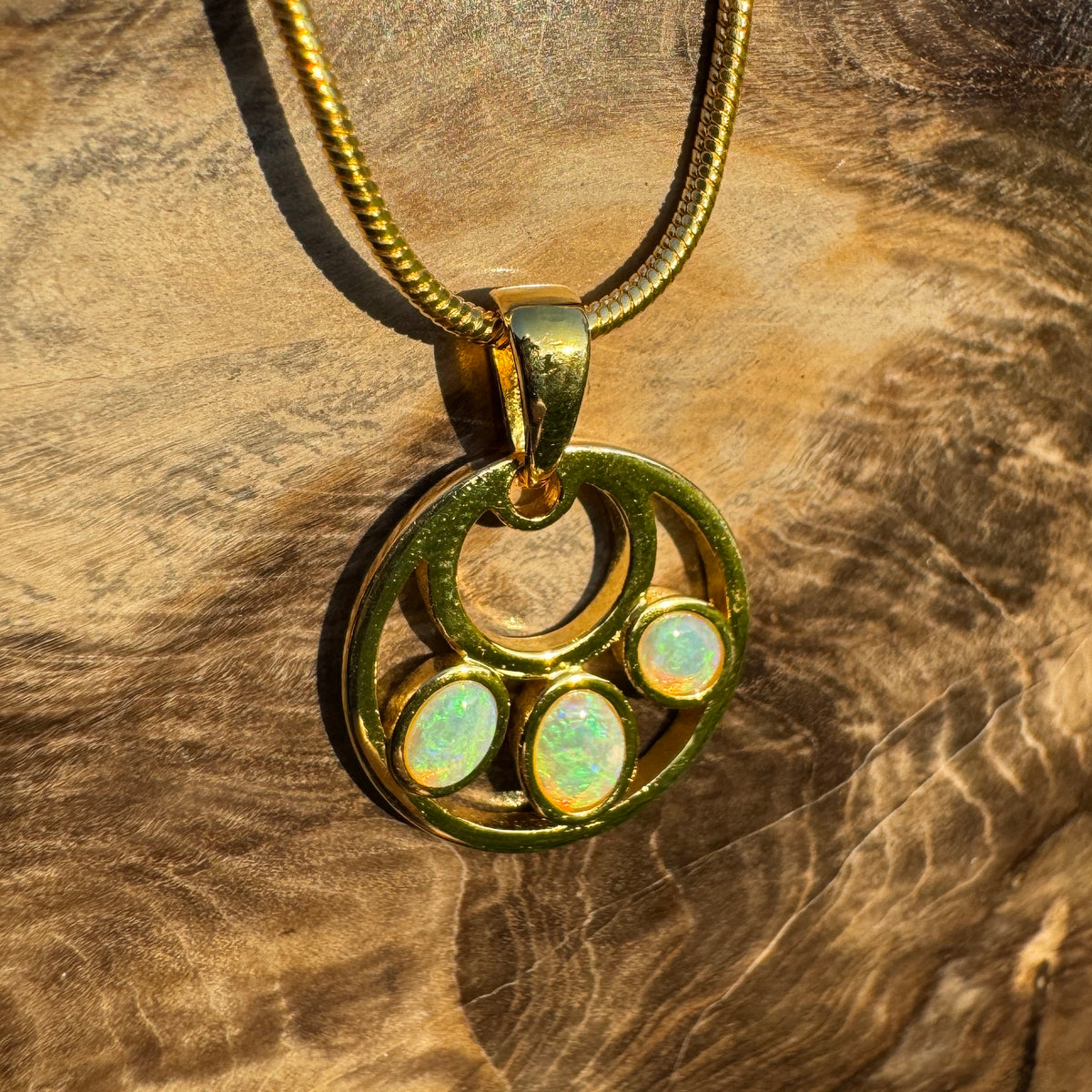0.7ct Lightning Ridge Crystal Opal Trio Pendant Necklace ~ 'Three Sisters Trio' | Yellow Gold Coated 925 Sterling Silver | Solid Australian Opal