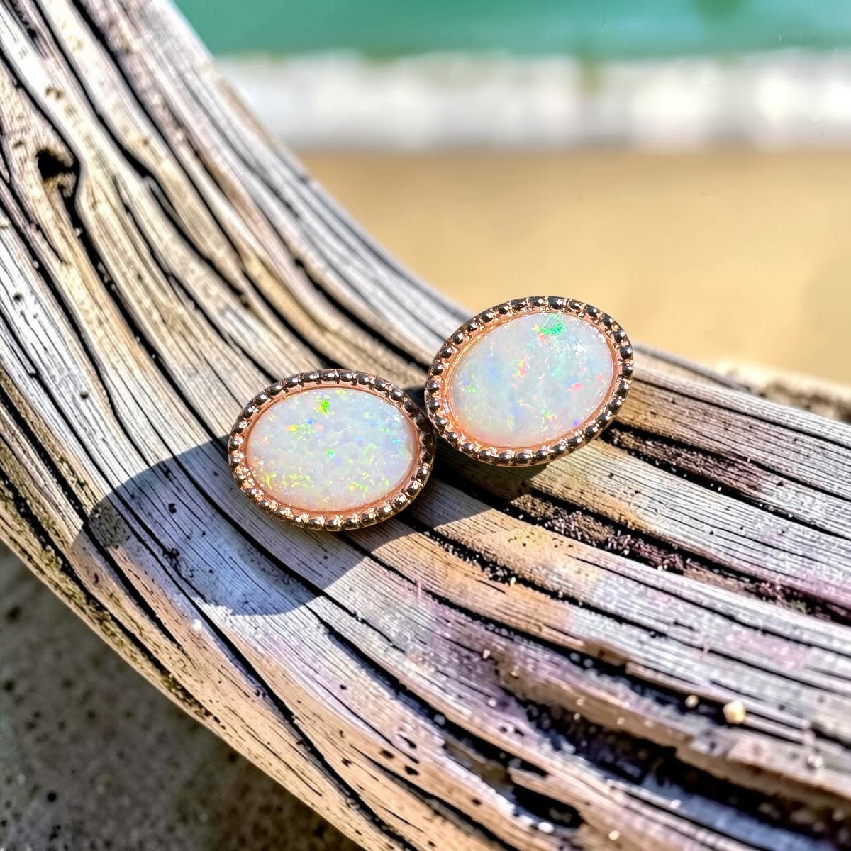 1.2ct Coober Pedy Opal Stud Earrings ~ 'Victor Harbor Glow' | Rose Gold Coated 925 Sterling Silver | Solid Australian Opal