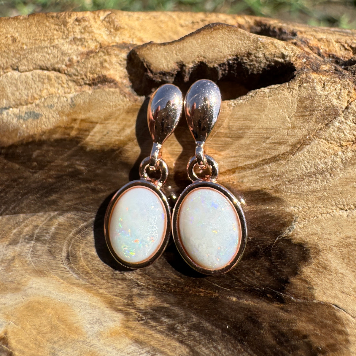 1.4ct Coober Pedy Opal Stud Drop Earrings ~ 'Kinchega Ember' | Rose Gold Coated 925 Sterling Silver | Solid Australian Opal