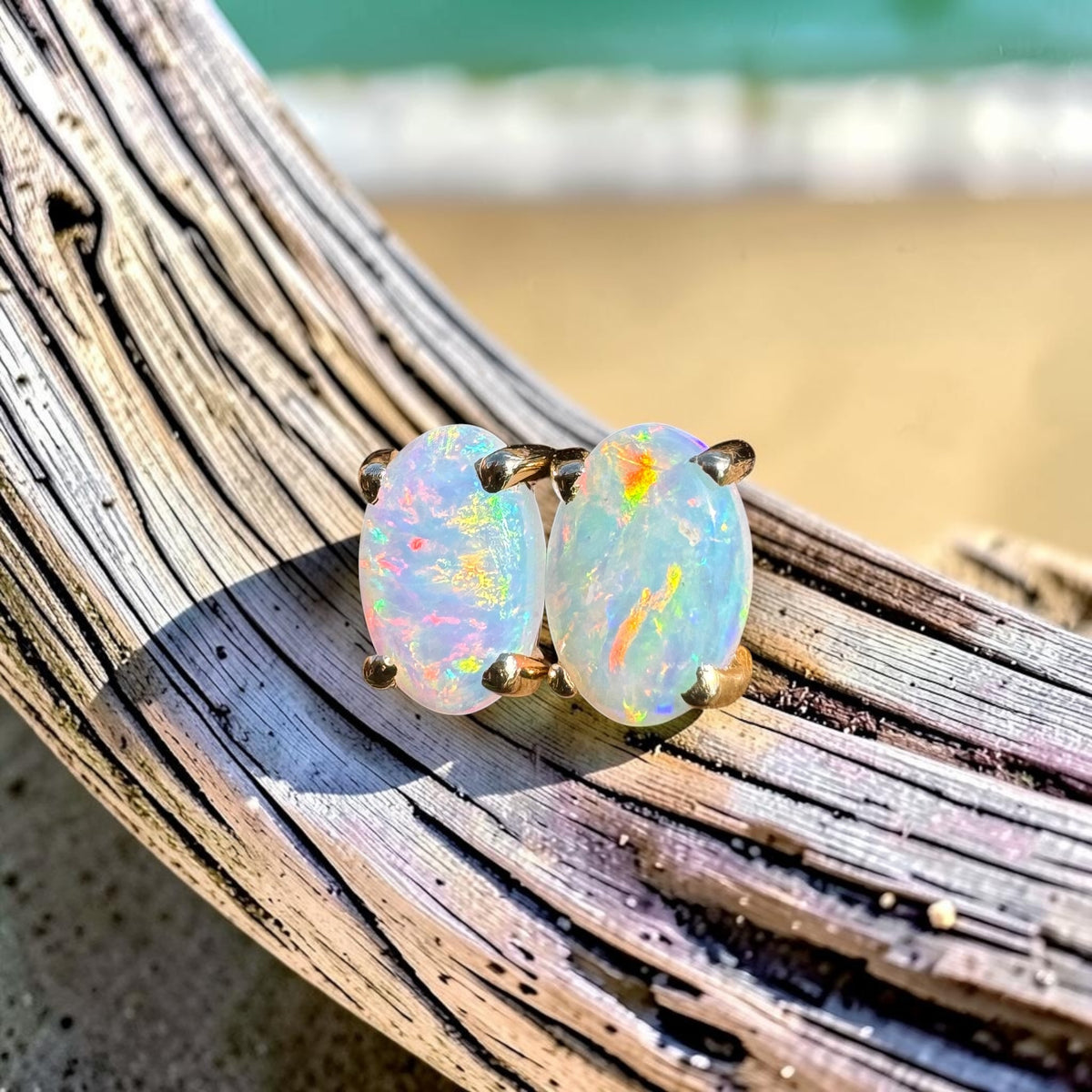 0.7ct Coober Pedy Opal Stud Earrings ~ 'Coolgardie Gold' | 14ct Yellow Gold | Solid Australian Opal