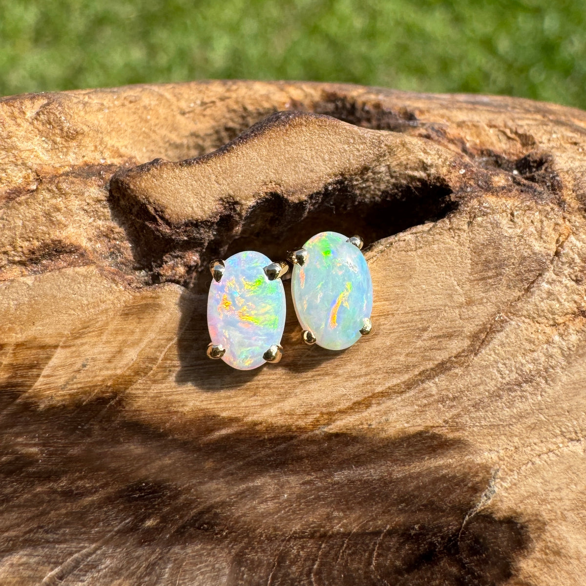0.7ct Coober Pedy Opal Stud Earrings ~ 'Coolgardie Gold' | 14ct Yellow Gold | Solid Australian Opal