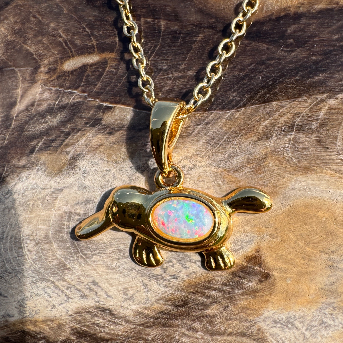 0.3ct Coober Pedy Opal Platypus Pendant Necklace ~ 'Bombala Glow' | Yellow Gold Coated 925 Sterling Silver | Solid Australian Opal