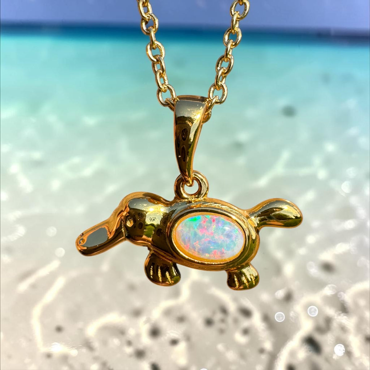0.3ct Coober Pedy Opal Platypus Pendant Necklace ~ 'Bombala Glow' | Yellow Gold Coated 925 Sterling Silver | Solid Australian Opal