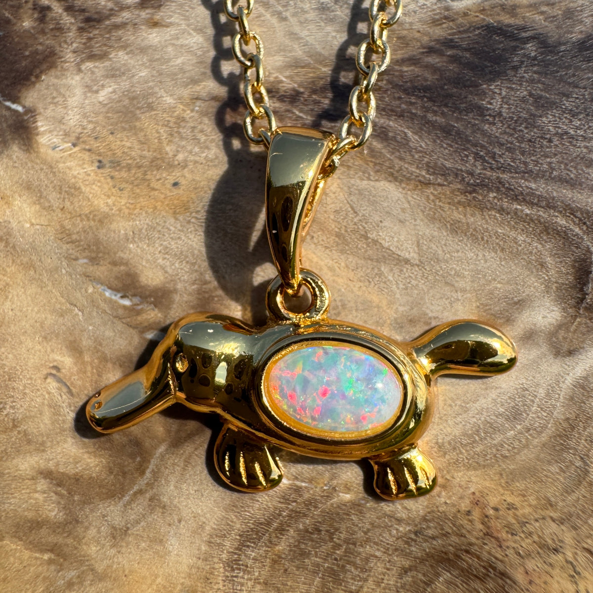 0.3ct Coober Pedy Opal Platypus Pendant Necklace ~ 'Bombala Glow' | Yellow Gold Coated 925 Sterling Silver | Solid Australian Opal