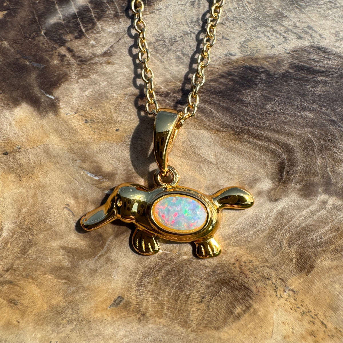 0.3ct Coober Pedy Opal Platypus Pendant Necklace ~ 'Bombala Glow' | Yellow Gold Coated 925 Sterling Silver | Solid Australian Opal