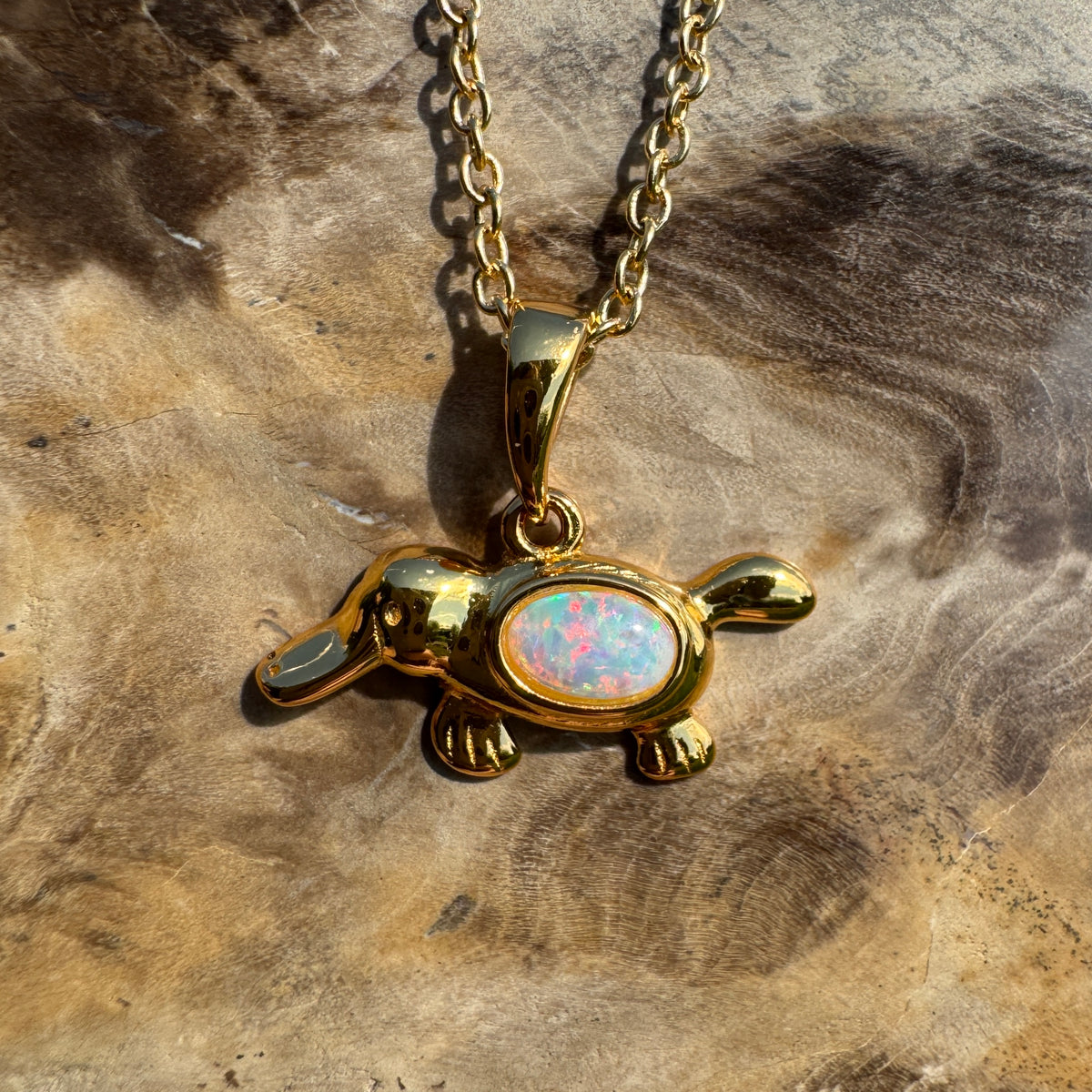 0.3ct Coober Pedy Opal Platypus Pendant Necklace ~ 'Bombala Glow' | Yellow Gold Coated 925 Sterling Silver | Solid Australian Opal