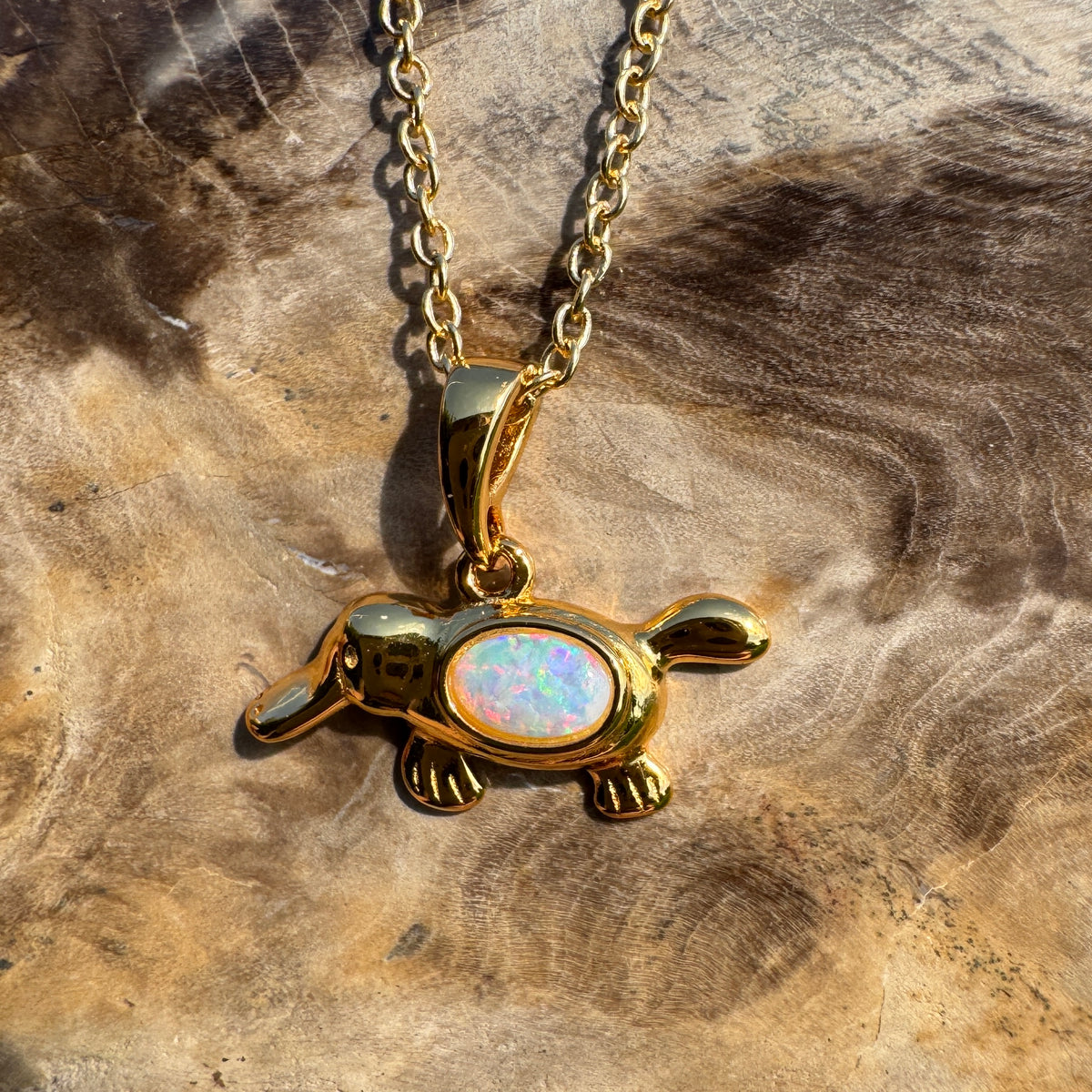 0.3ct Coober Pedy Opal Platypus Pendant Necklace ~ 'Bombala Glow' | Yellow Gold Coated 925 Sterling Silver | Solid Australian Opal