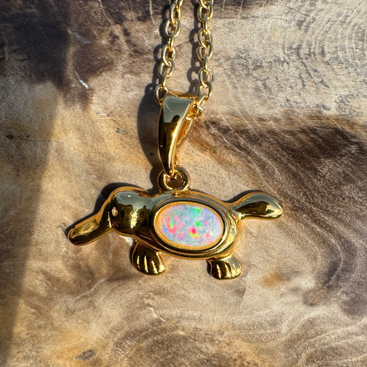 0.3ct Coober Pedy Opal Platypus Pendant Necklace ~ 'Bombala Glow' | Yellow Gold Coated 925 Sterling Silver | Solid Australian Opal