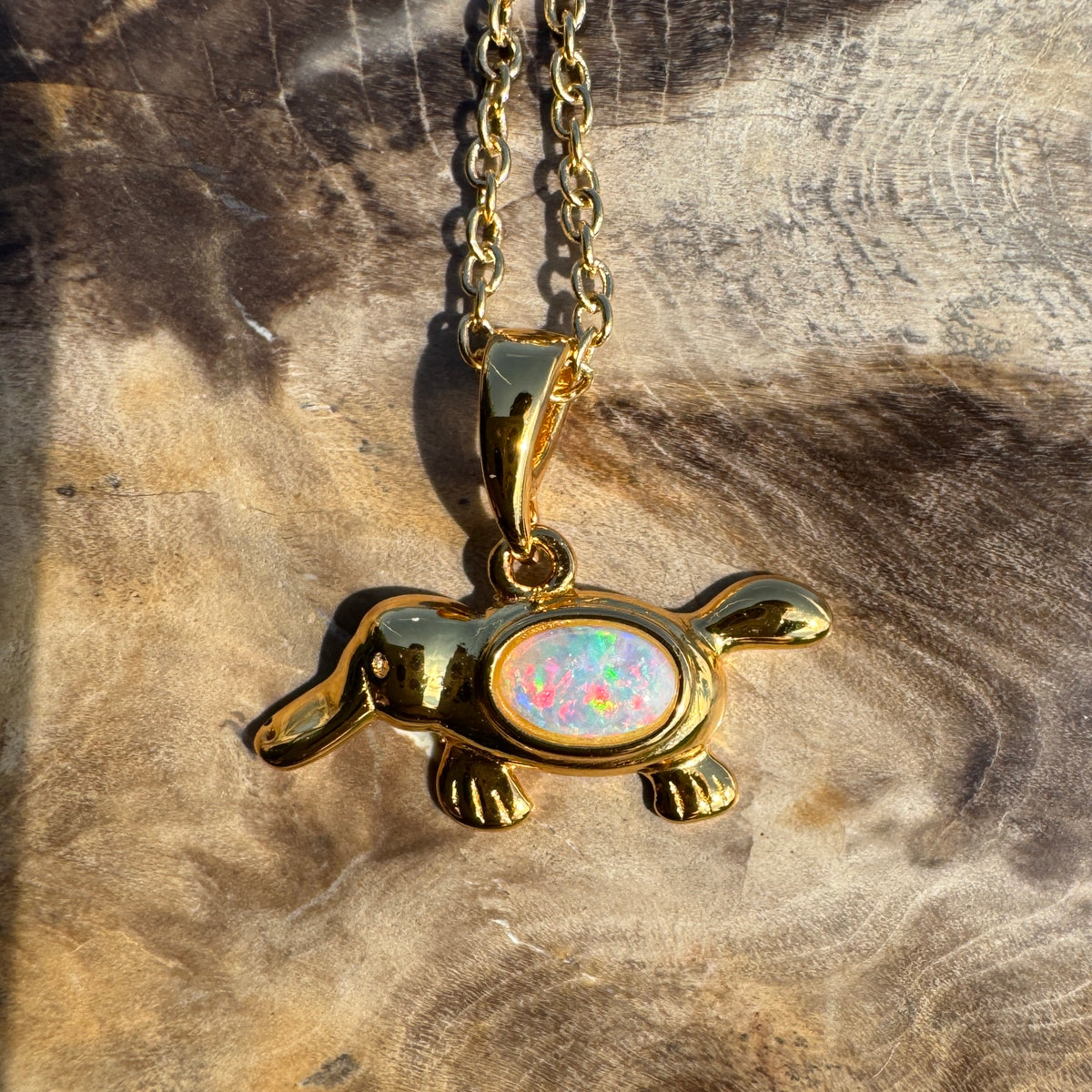 0.3ct Coober Pedy Opal Platypus Pendant Necklace ~ 'Bombala Glow' | Yellow Gold Coated 925 Sterling Silver | Solid Australian Opal