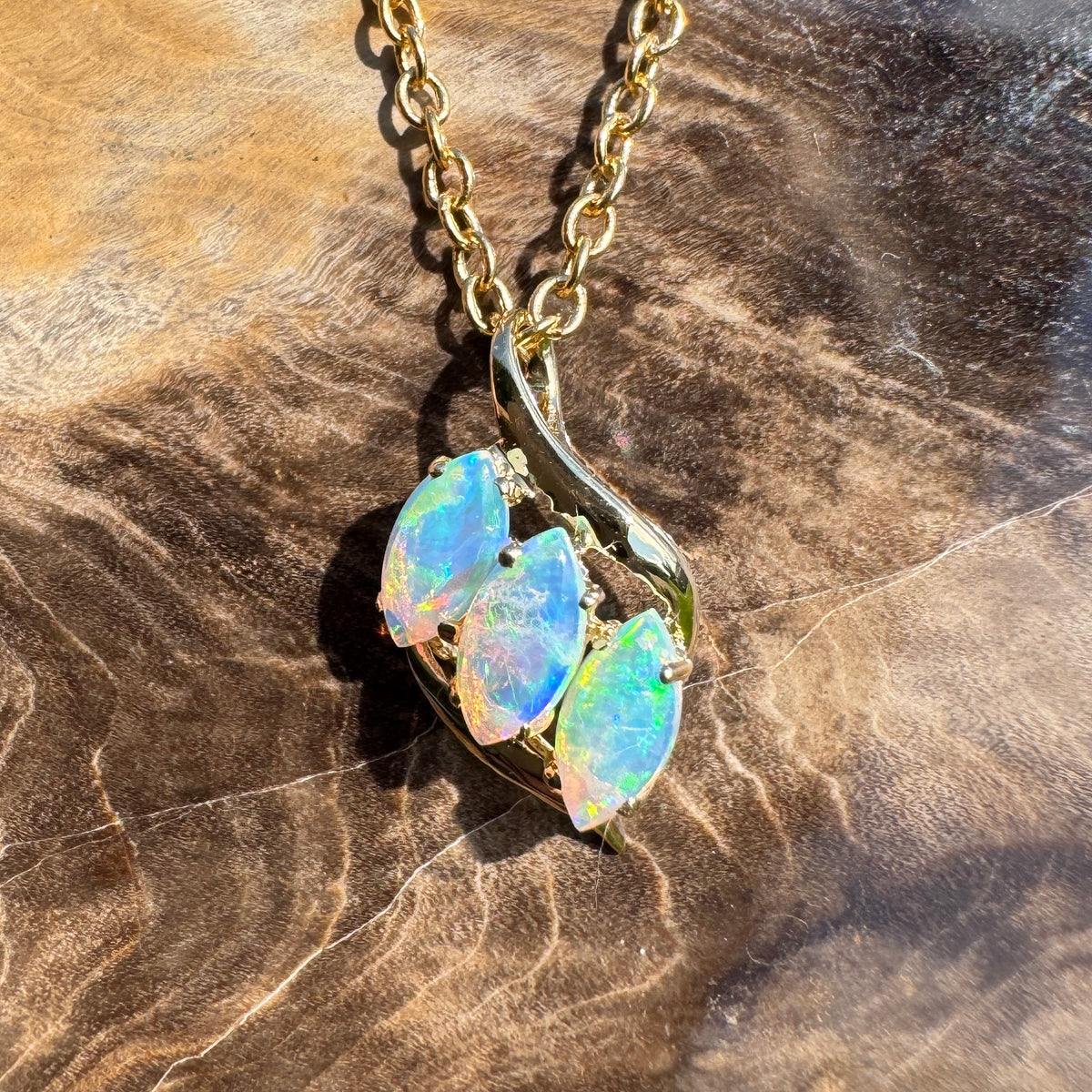 0.7ct Coober Pedy Crystal Opal Trio Pendant Necklace ~ 'Arkaroola Rainbow' | 14ct Yellow Gold | Solid Australian Opal