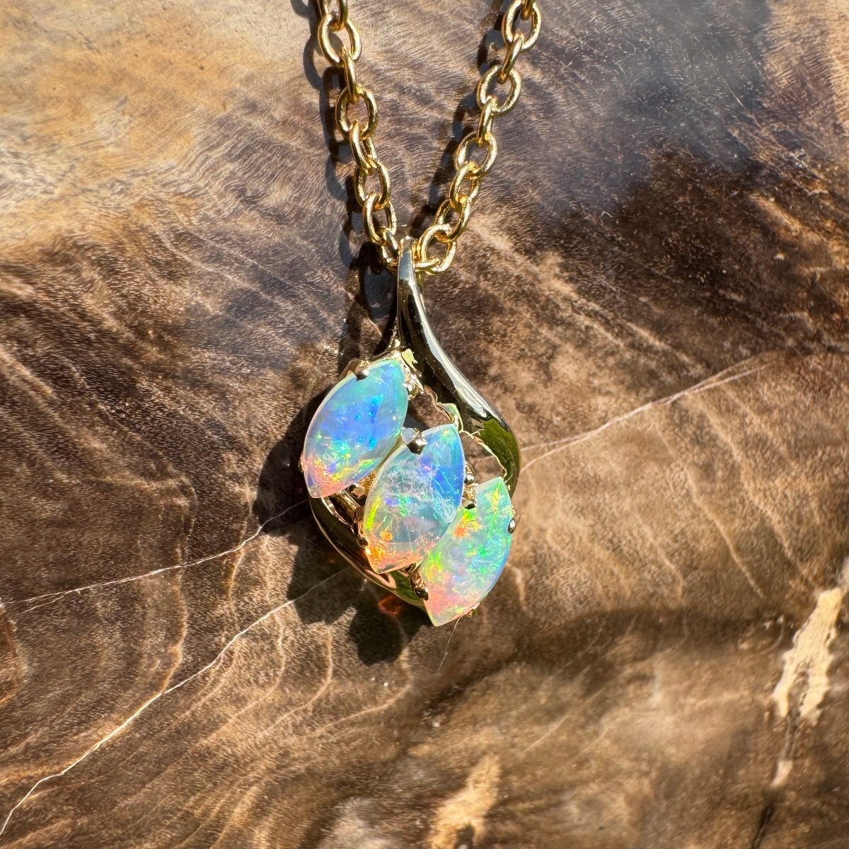 0.7ct Coober Pedy Crystal Opal Trio Pendant Necklace ~ 'Arkaroola Rainbow' | 14ct Yellow Gold | Solid Australian Opal