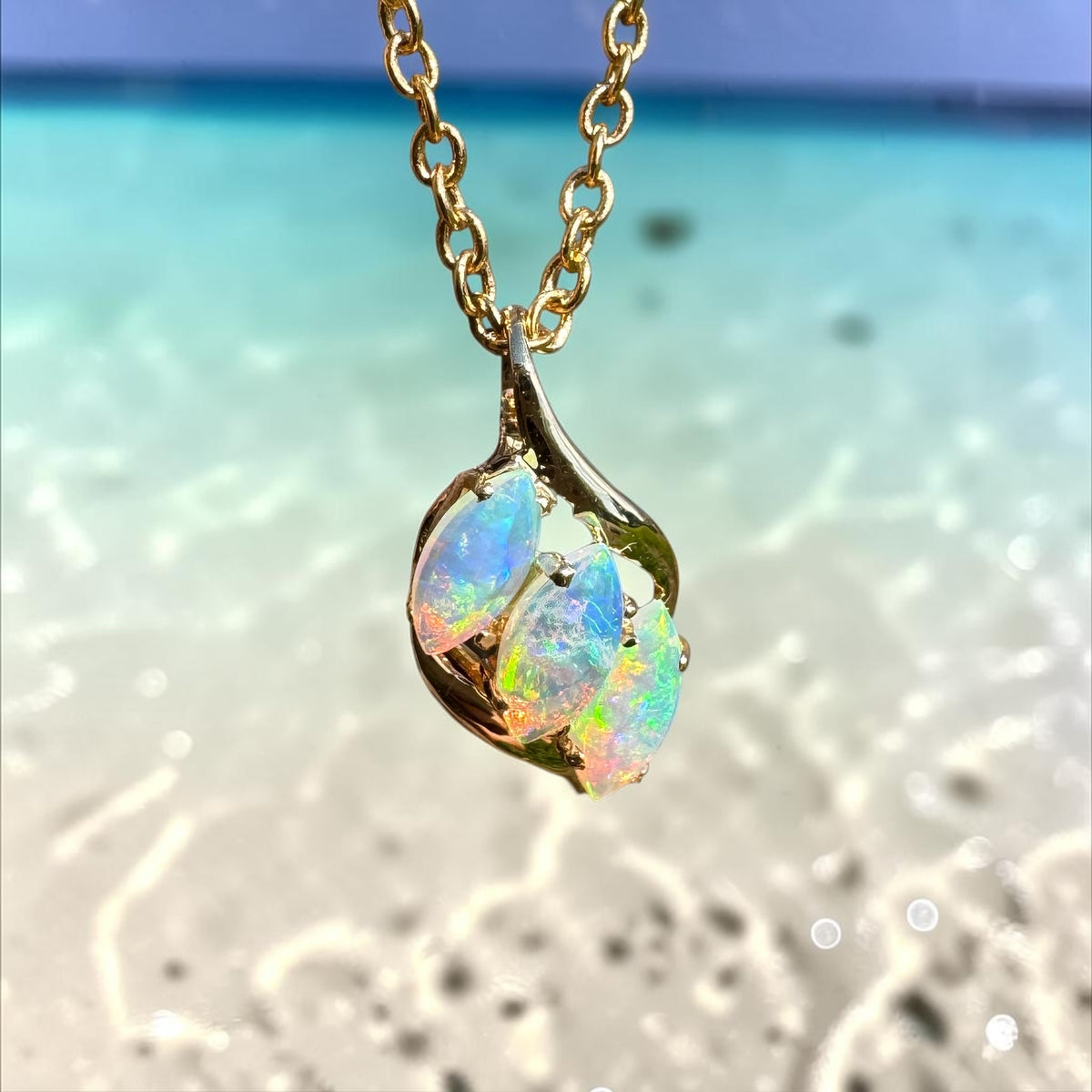 0.7ct Coober Pedy Crystal Opal Trio Pendant Necklace ~ 'Arkaroola Rainbow' | 14ct Yellow Gold | Solid Australian Opal