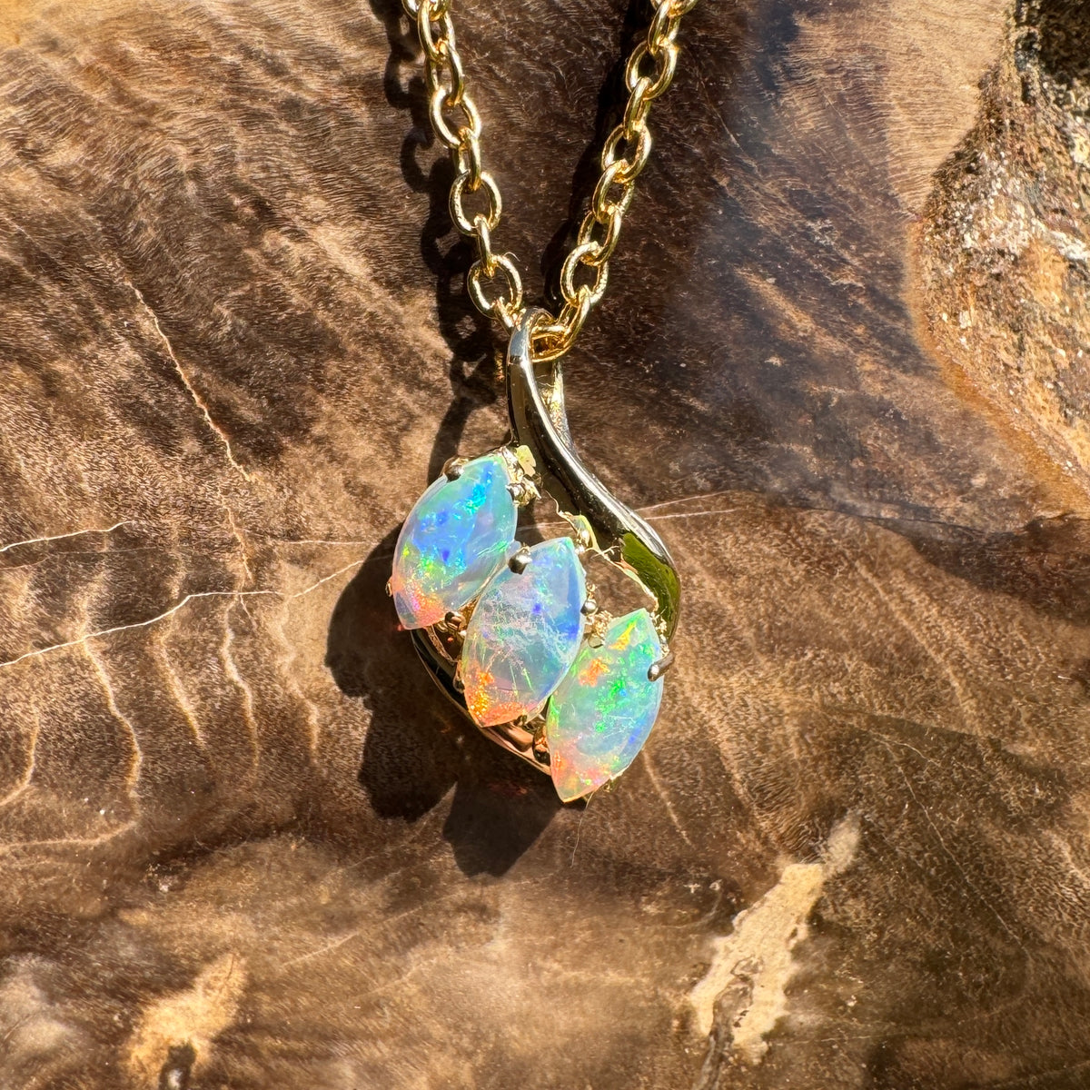 0.7ct Coober Pedy Crystal Opal Trio Pendant Necklace ~ 'Arkaroola Rainbow' | 14ct Yellow Gold | Solid Australian Opal