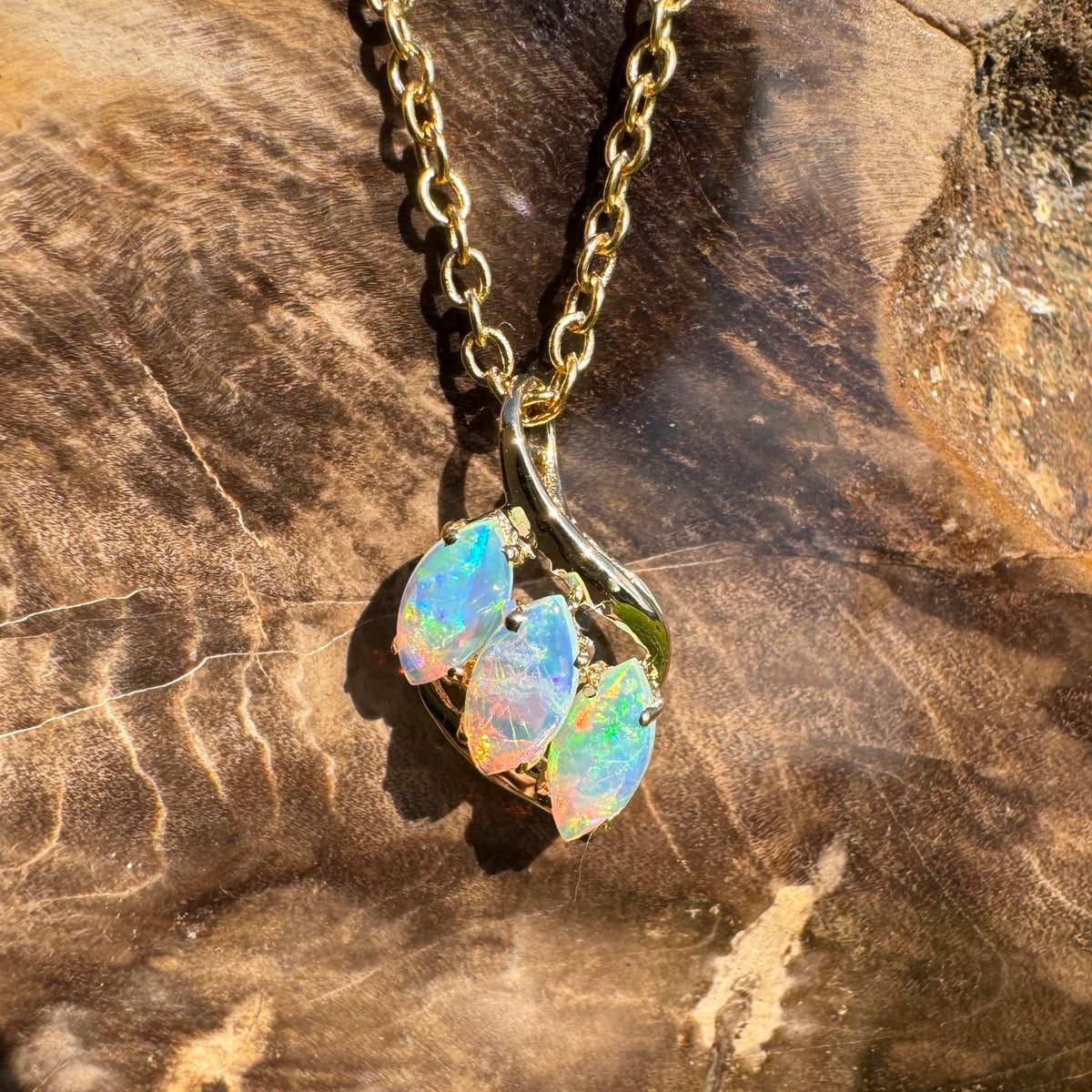 0.7ct Coober Pedy Crystal Opal Trio Pendant Necklace ~ 'Arkaroola Rainbow' | 14ct Yellow Gold | Solid Australian Opal