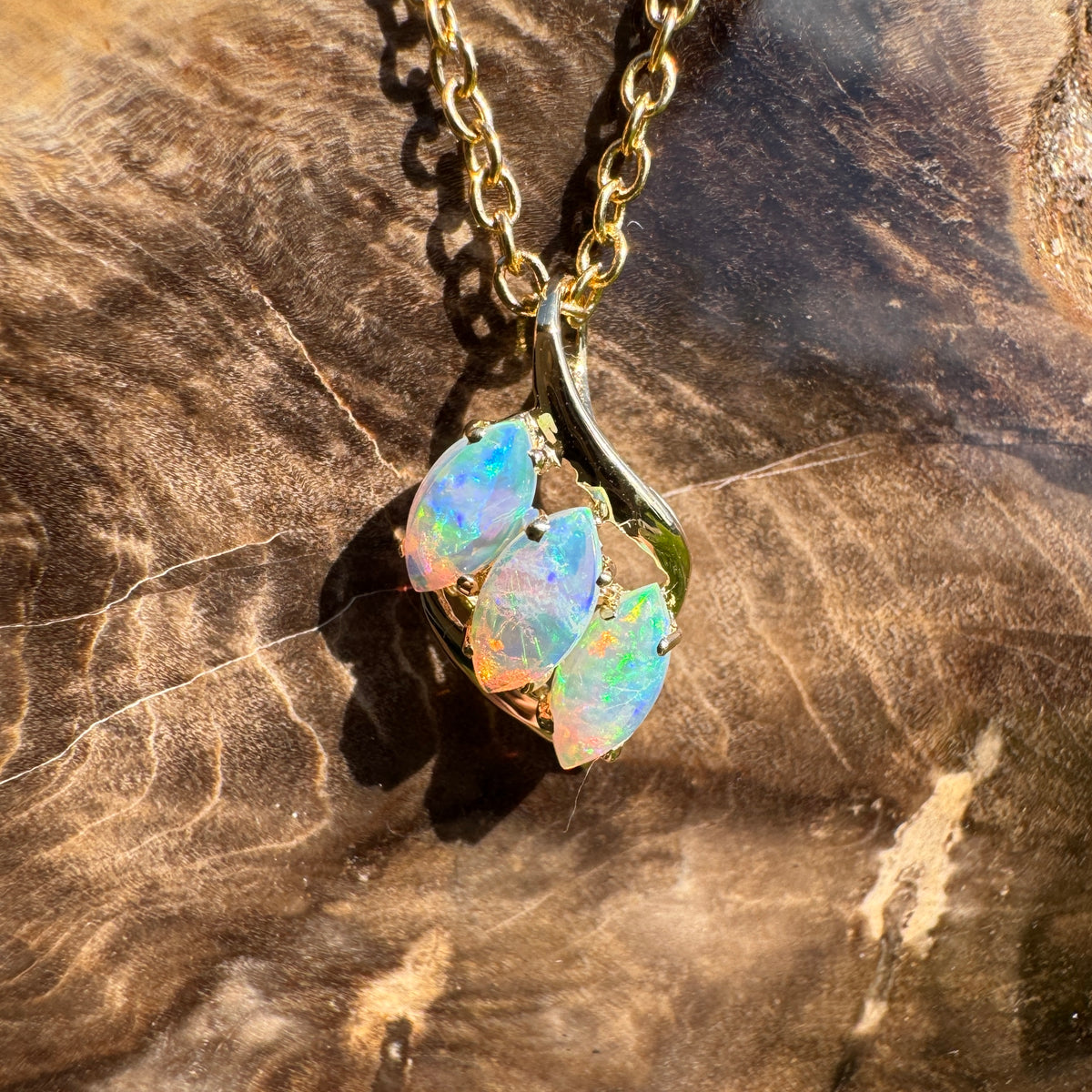 0.7ct Coober Pedy Crystal Opal Trio Pendant Necklace ~ 'Arkaroola Rainbow' | 14ct Yellow Gold | Solid Australian Opal