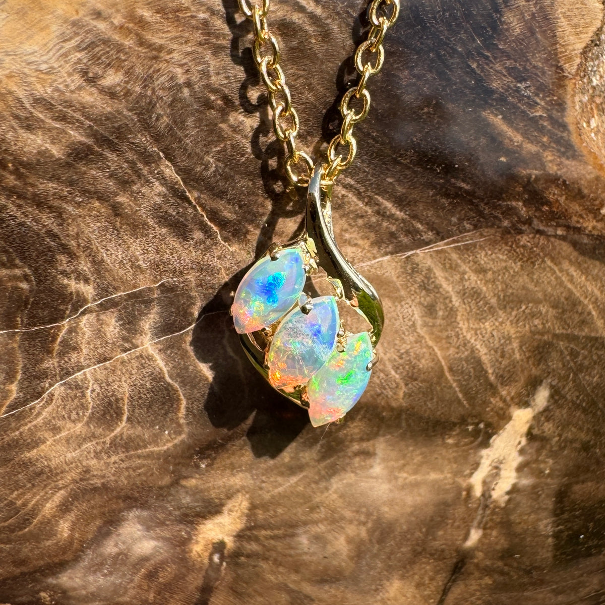0.7ct Coober Pedy Crystal Opal Trio Pendant Necklace ~ 'Arkaroola Rainbow' | 14ct Yellow Gold | Solid Australian Opal