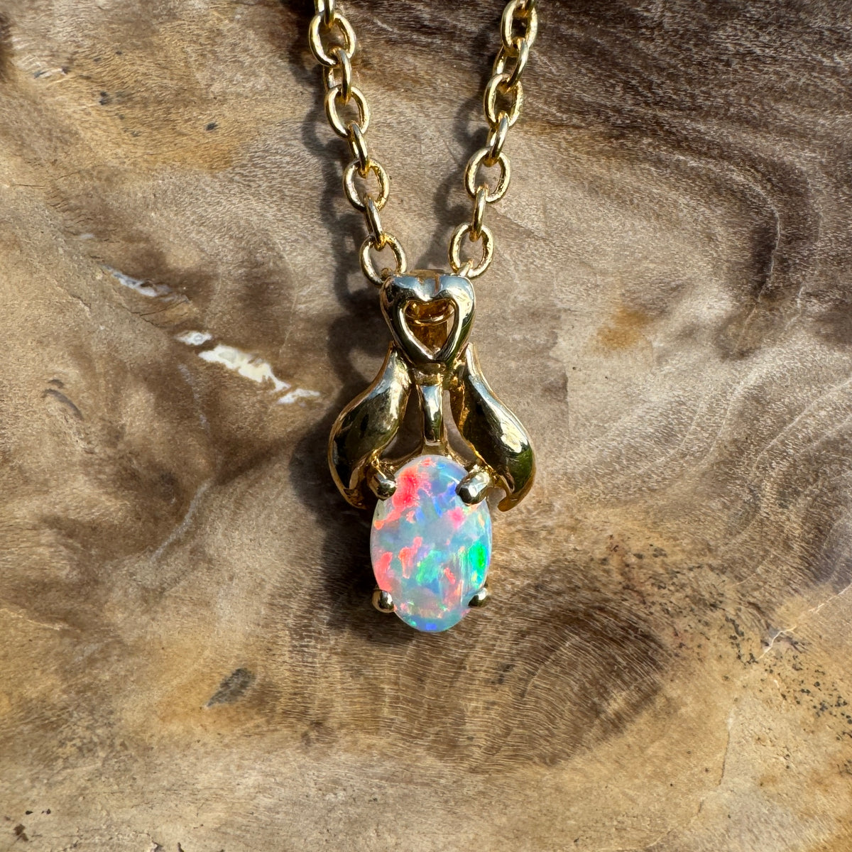 0.3ct Coober Pedy Opal Pendant Necklace ~ 'Cape York Firelight' | 14ct Yellow Gold | Solid Australian Opal