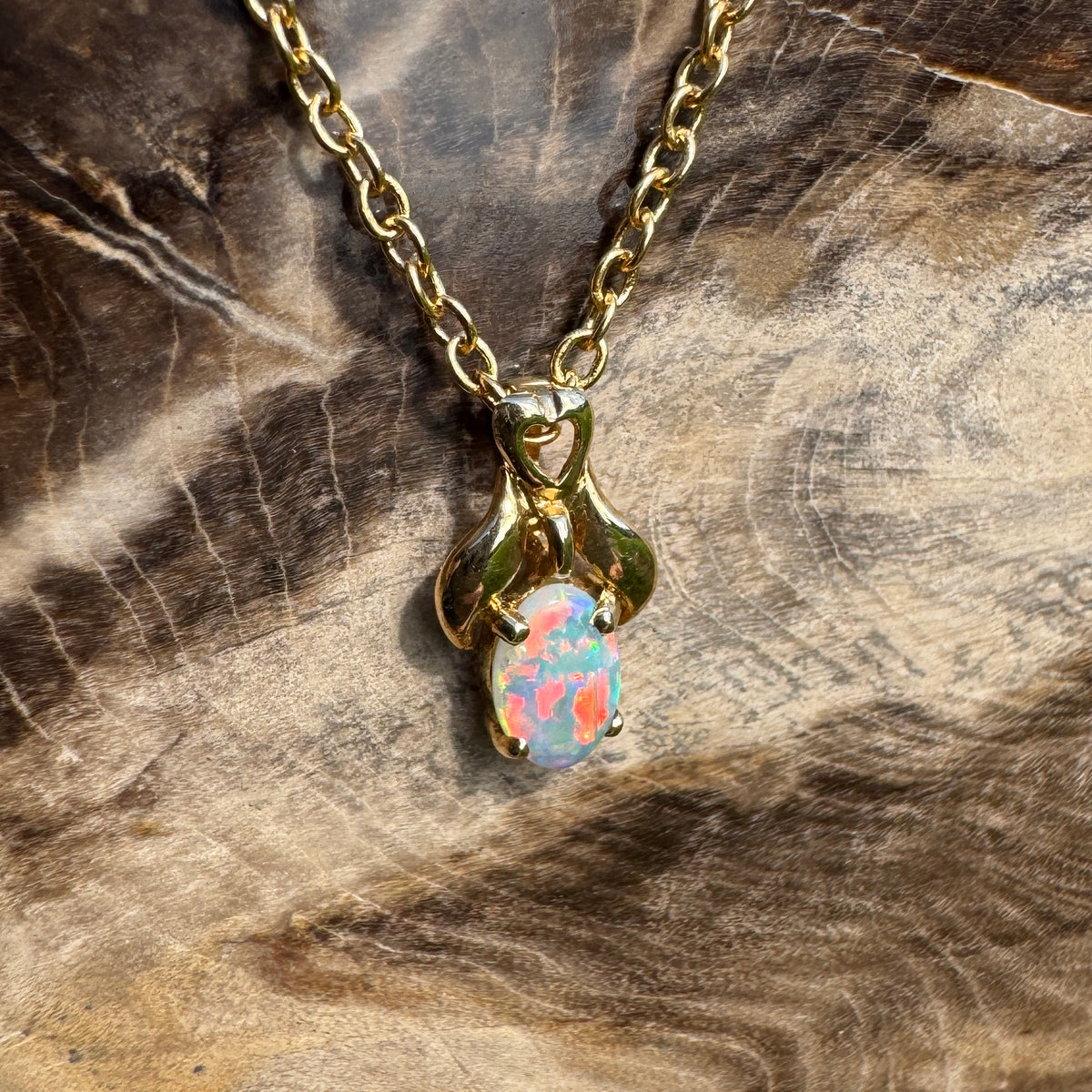0.3ct Coober Pedy Opal Pendant Necklace ~ 'Cape York Firelight' | 14ct Yellow Gold | Solid Australian Opal