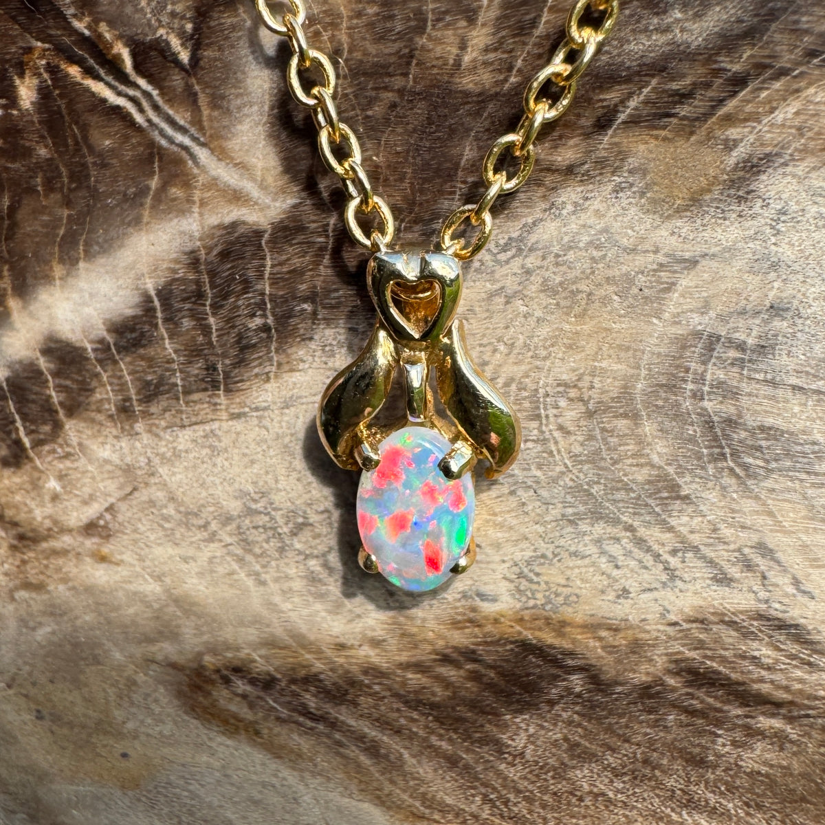 0.3ct Coober Pedy Opal Pendant Necklace ~ 'Cape York Firelight' | 14ct Yellow Gold | Solid Australian Opal