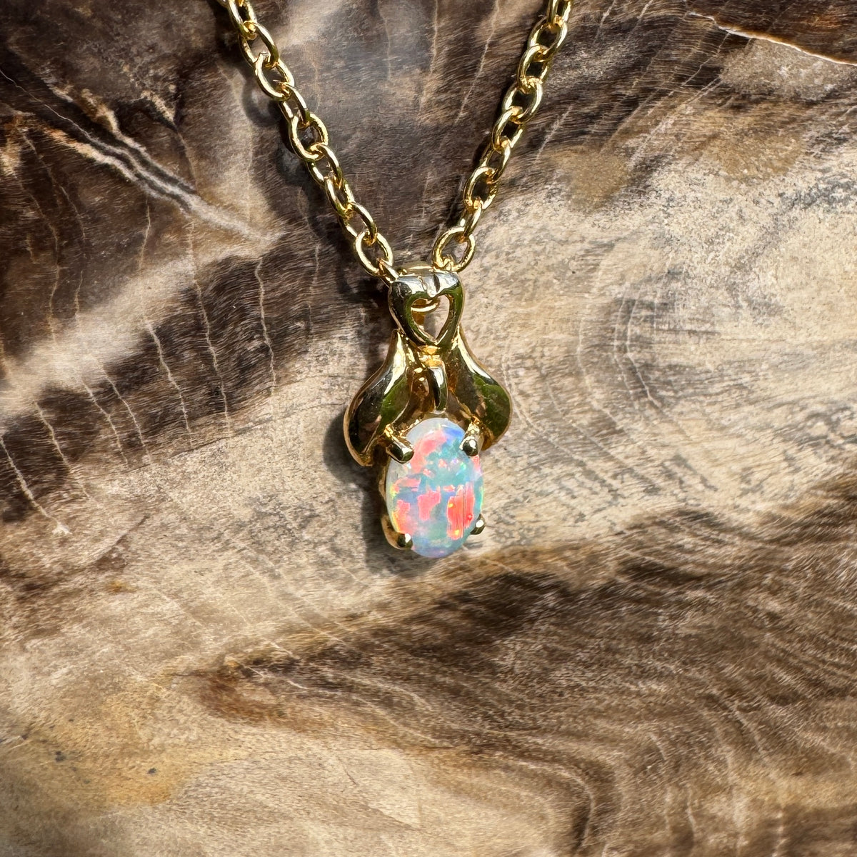 0.3ct Coober Pedy Opal Pendant Necklace ~ 'Cape York Firelight' | 14ct Yellow Gold | Solid Australian Opal