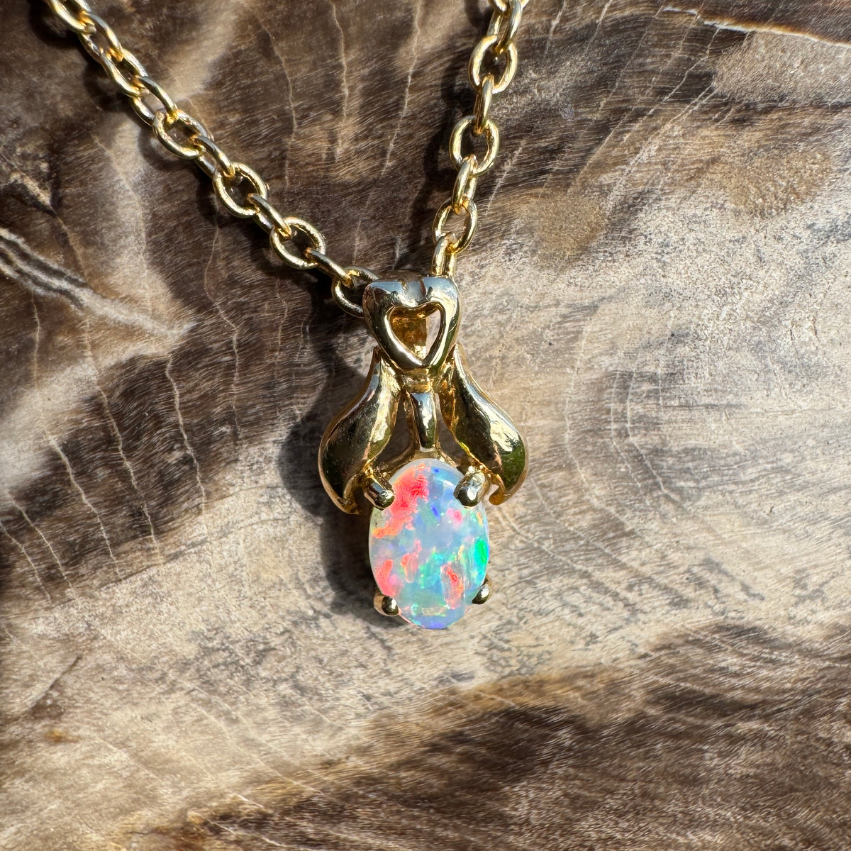 0.3ct Coober Pedy Opal Pendant Necklace ~ 'Cape York Firelight' | 14ct Yellow Gold | Solid Australian Opal