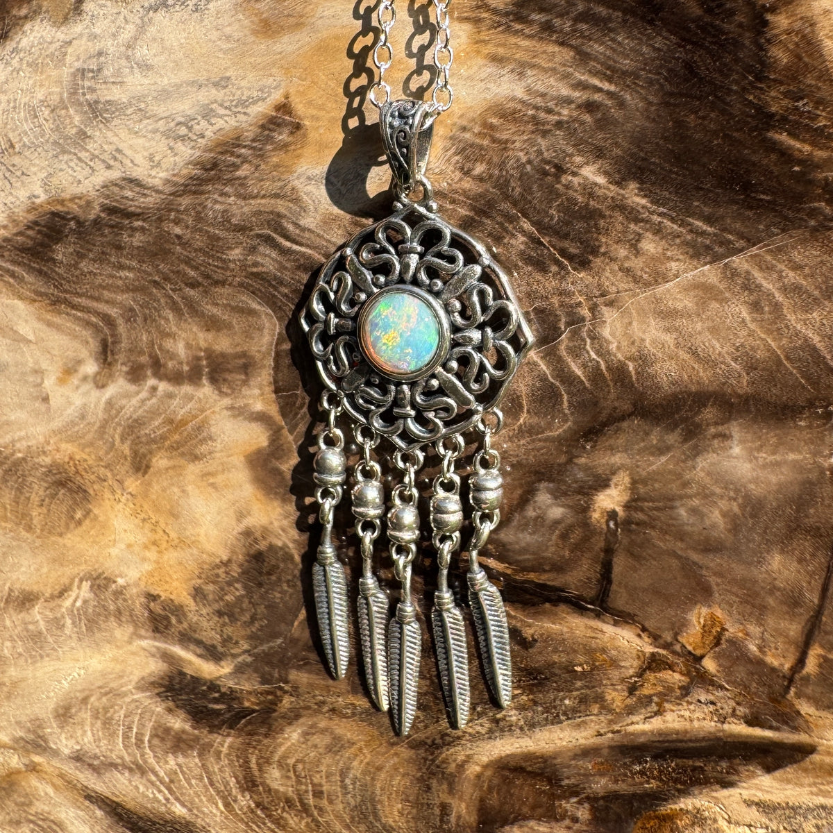 0.4ct Coober Pedy Opal Dreamcatcher Pendant Necklace ~ 'Kuranda Dreamcatcher' | 925 Sterling Silver | Solid Australian Opal
