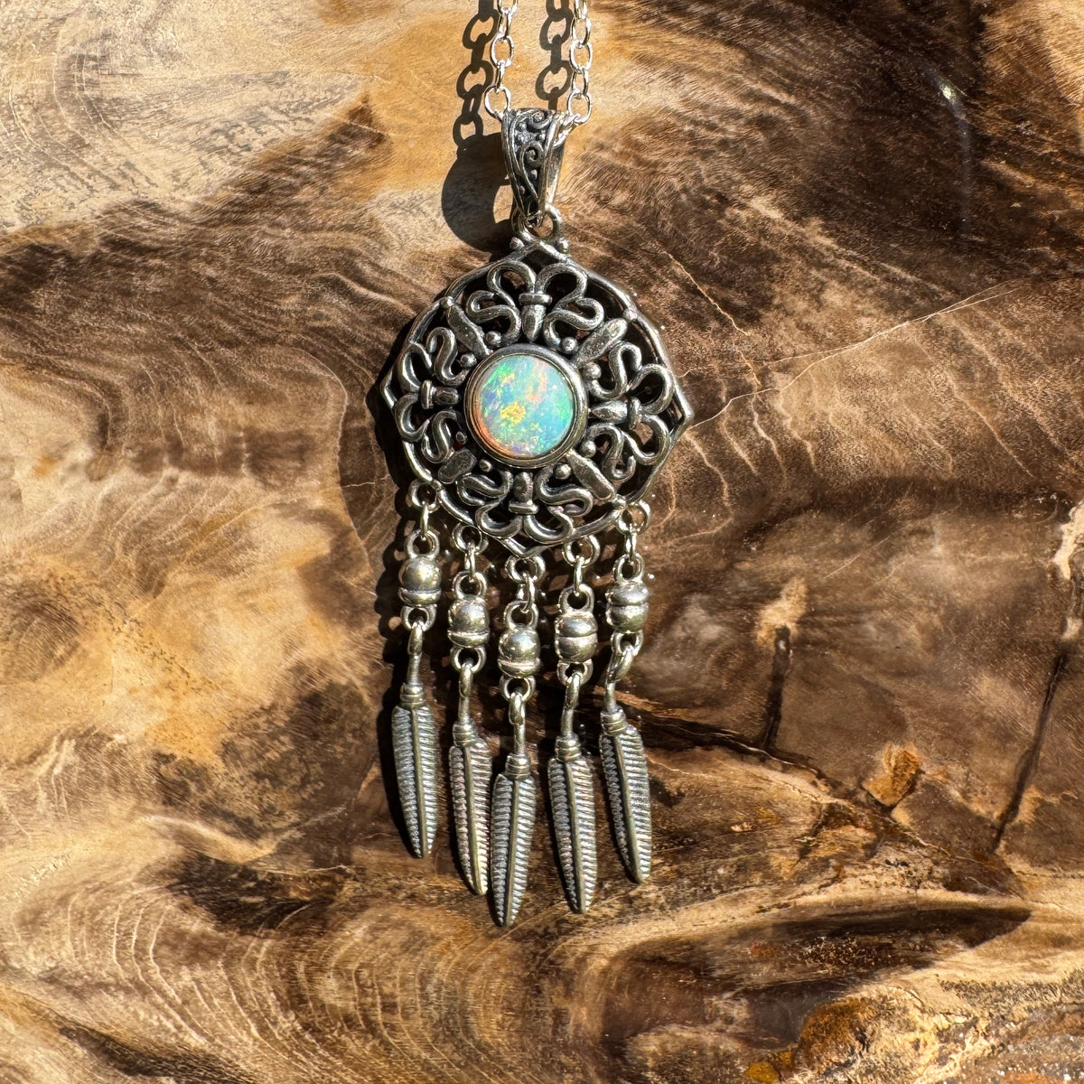 0.4ct Coober Pedy Opal Dreamcatcher Pendant Necklace ~ 'Kuranda Dreamcatcher' | 925 Sterling Silver | Solid Australian Opal