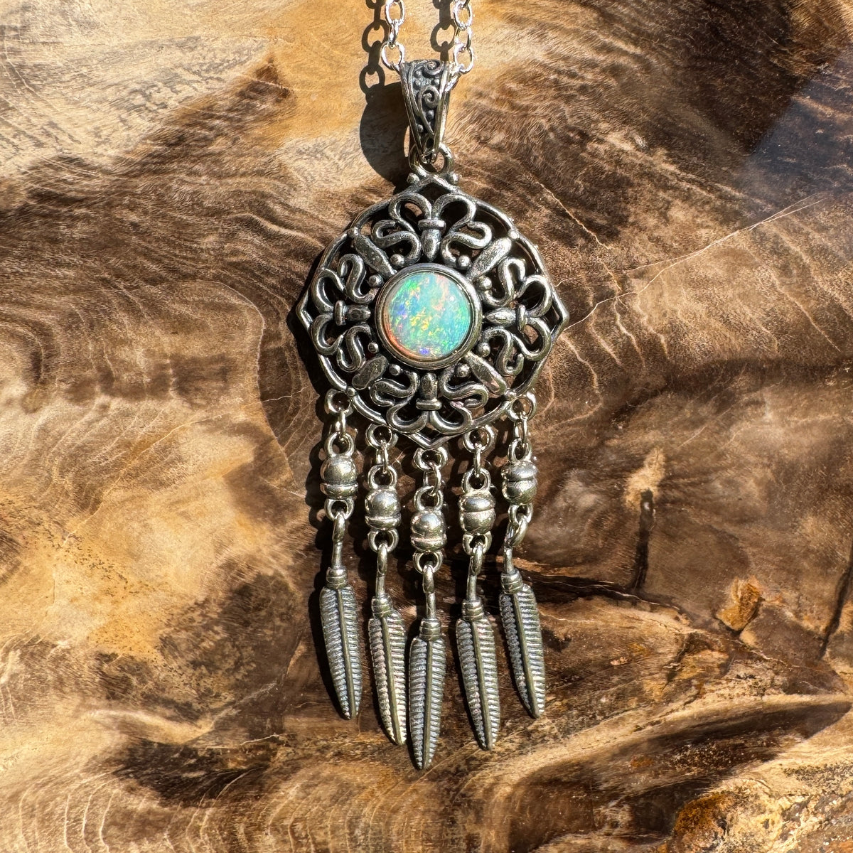0.4ct Coober Pedy Opal Dreamcatcher Pendant Necklace ~ 'Kuranda Dreamcatcher' | 925 Sterling Silver | Solid Australian Opal