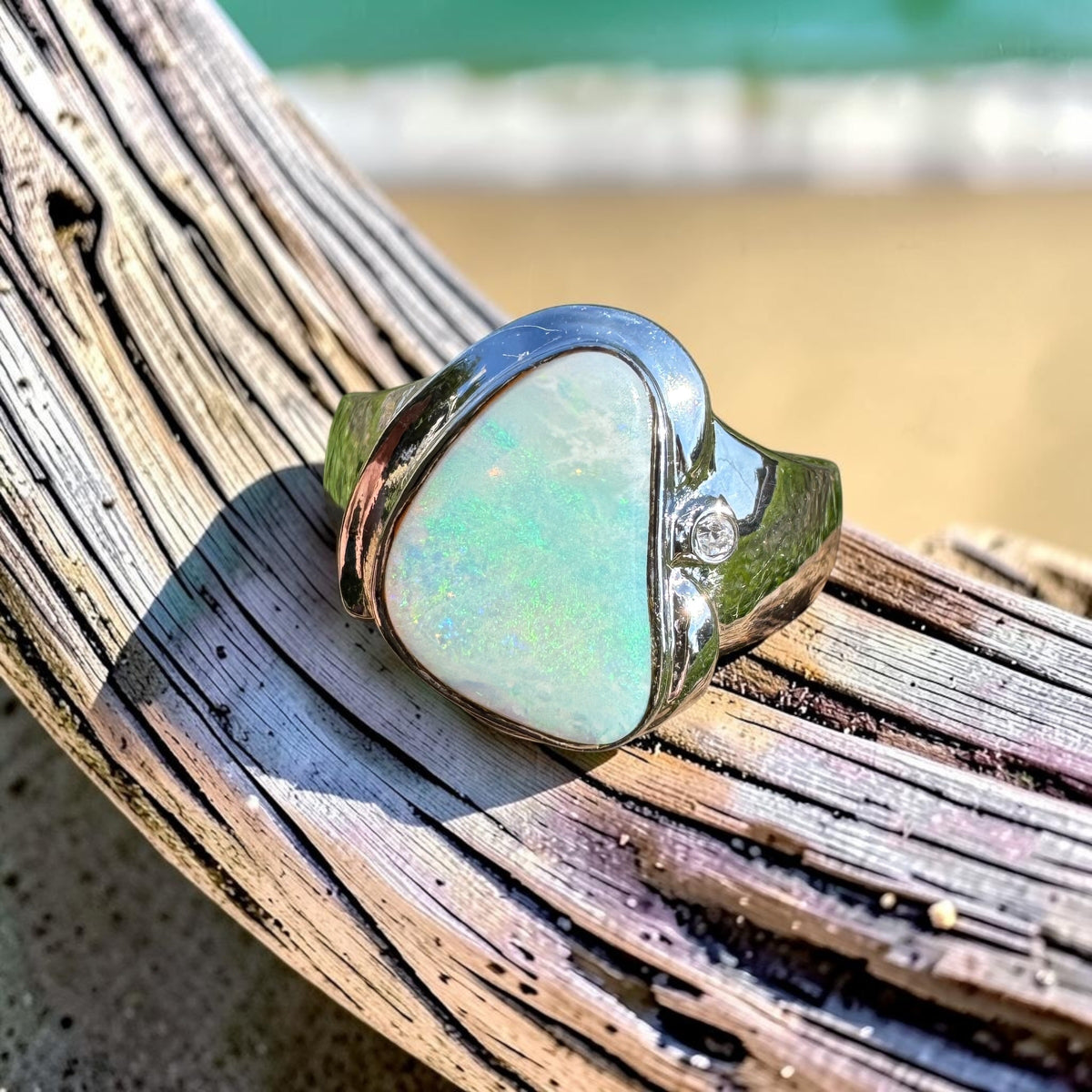 1.3ct Coober Pedy Opal Ring ~ 'Tessellated Pavement Greens' | 925 Sterling Silver | Solid Australian Opal