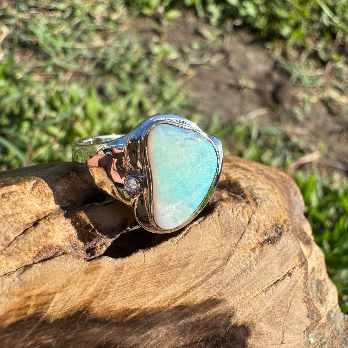 1.3ct Coober Pedy Opal Ring ~ 'Tessellated Pavement Greens' | 925 Sterling Silver | Solid Australian Opal