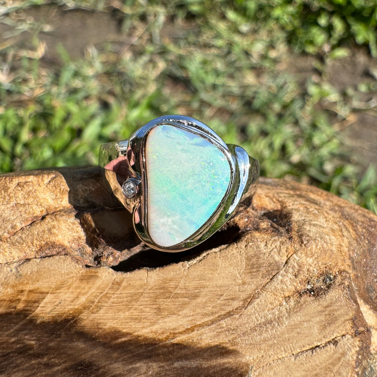 1.3ct Coober Pedy Opal Ring ~ 'Tessellated Pavement Greens' | 925 Sterling Silver | Solid Australian Opal