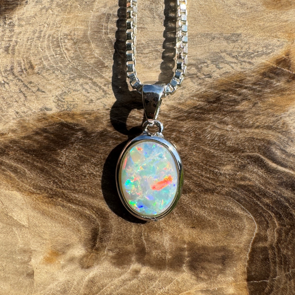 0.6ct Coober Pedy Opal Pendant Necklace ~ 'Ben Lomond Glow' | 14ct White Gold | Solid Australian Opal