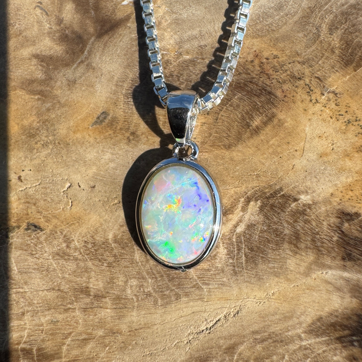 0.6ct Coober Pedy Opal Pendant Necklace ~ 'Ben Lomond Glow' | 14ct White Gold | Solid Australian Opal