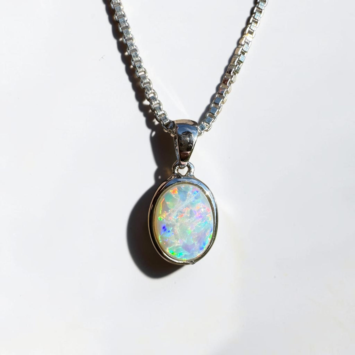 0.6ct Coober Pedy Opal Pendant Necklace ~ 'Ben Lomond Glow' | 14ct White Gold | Solid Australian Opal