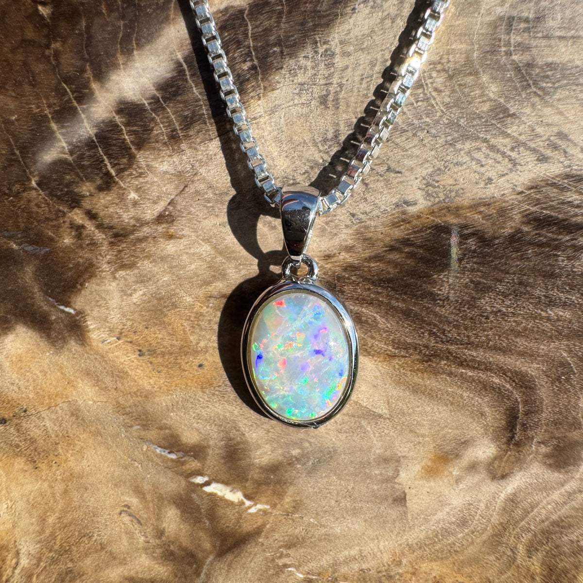 0.6ct Coober Pedy Opal Pendant Necklace ~ 'Ben Lomond Glow' | 14ct White Gold | Solid Australian Opal